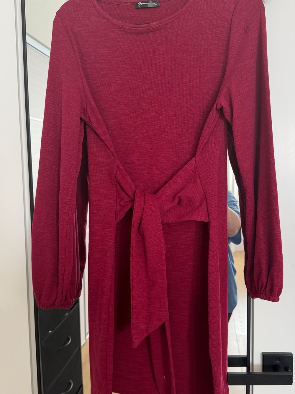 Long Sleeve Tie-Front Midi Dress in Wine Red